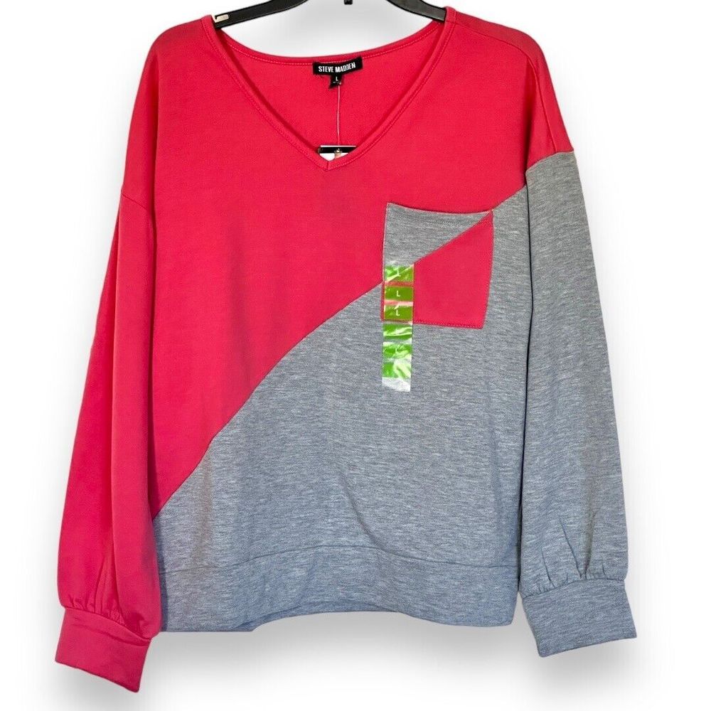 Steve Madden Women’s Soft Color Block Gray Pink Sweatshirt Sz Large NWT